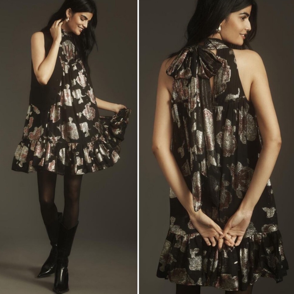 Anthropologie || Maeve Halter Shine Swing Dress Mini Party Black Metallic‎ Large